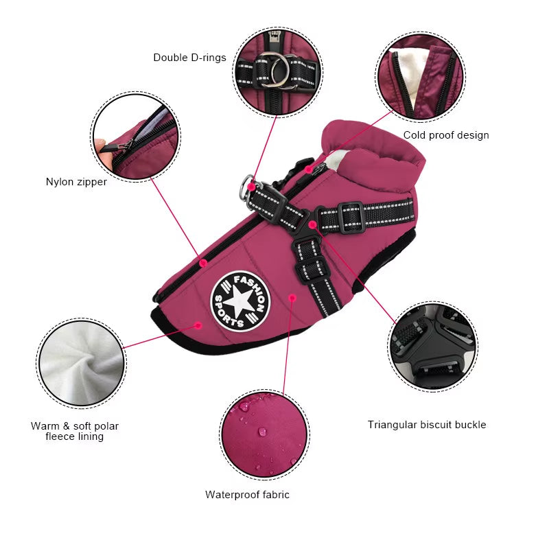 Pet Dog Jacket with Harness Ring Winter Warm Vest Dog Clothes for Small Dog Waterproof Coat Chihuahua French Bulldog Outfits